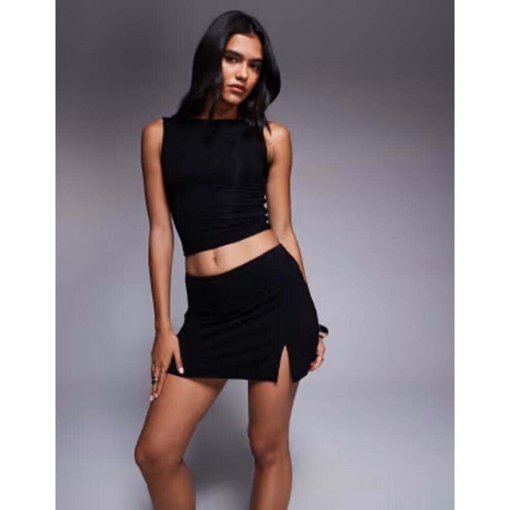 ASOS Black Front Slit Mini Skirt SZ 12 | Mid Rise Knit 90s Y2K Minimalist - Picture 3 of 9